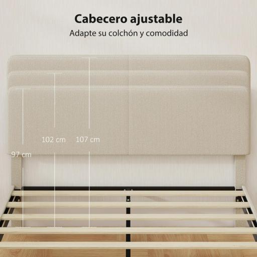 Somier 160x200 cm con Cabecero Ajustable Tapizado en Pana Láminas de Madera Fácil de Montar Gris Claro [2]