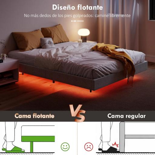 Somier 160x200 cm con Luces LED Estructura de Cama Tapizado en Lino Láminas de Madera Fácil de Montar Gris [4]