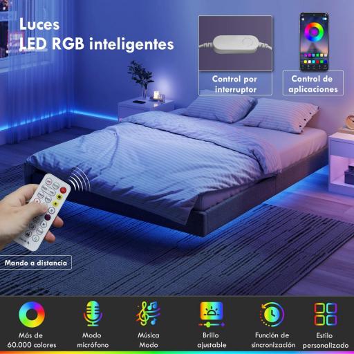 Somier 160x200 cm con Luces LED Estructura de Cama Tapizado en Lino Láminas de Madera Fácil de Montar Gris [5]