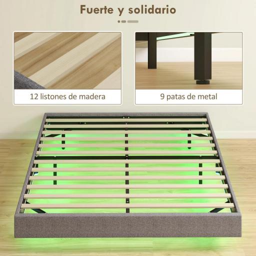 Somier 160x200 cm con Luces LED Estructura de Cama Tapizado en Lino Láminas de Madera Fácil de Montar Gris [2]