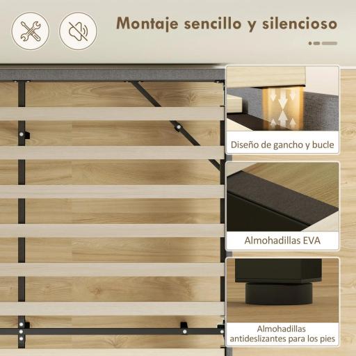 Somier 160x200 cm con Luces LED Estructura de Cama Tapizado en Lino Láminas de Madera Fácil de Montar Gris [3]