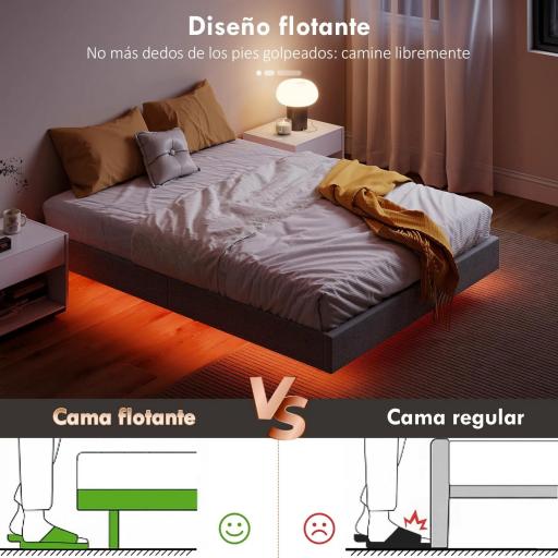 Somier 140x190 cm con Luces LED Estructura de Cama Tapizado en Lino Láminas de Madera Fácil de Montar Gris [2]