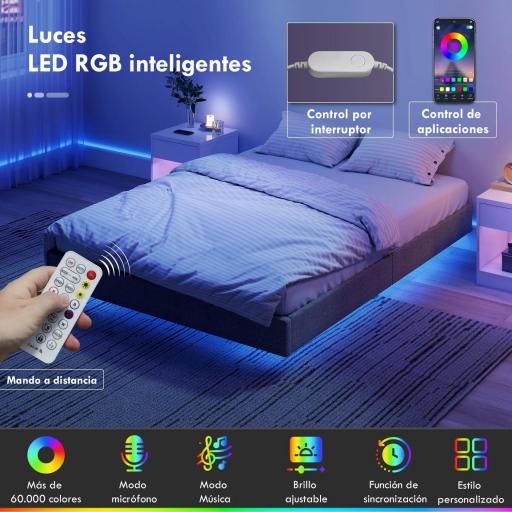 Somier 140x190 cm con Luces LED Estructura de Cama Tapizado en Lino Láminas de Madera Fácil de Montar Gris [5]