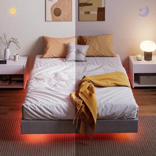 Somier 140x190 cm con Luces LED Estructura de Cama Tapizado en Lino Láminas de Madera Fácil de Montar Gris [7]