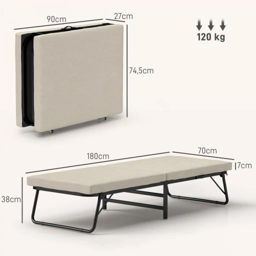 Cama Plegatín Plegable 70x180 cm con Colchón de Espuma Respaldo Ajustable en 5 Posiciones y Ruedas Carga 120 kg Crema [1]