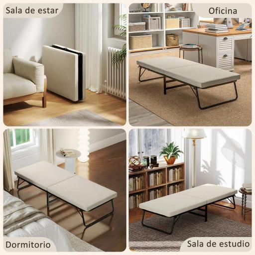 Cama Plegatín Plegable 70x180 cm con Colchón de Espuma Respaldo Ajustable en 5 Posiciones y Ruedas Carga 120 kg Crema [3]