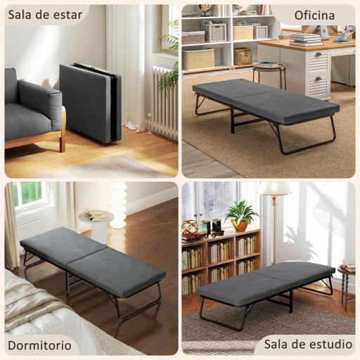 Cama Plegatín Plegable 70x180 cm con Colchón de Espuma con Respaldo Ajustable en 5 Posiciones y Ruedas Carga 120 kg Gris [4]