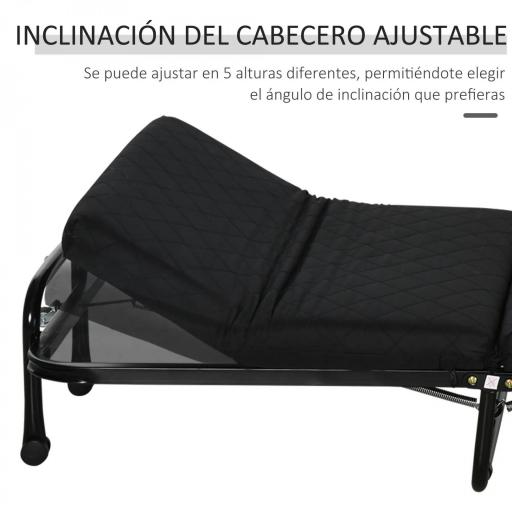 Cama Abatible 184x65 cm con Cabecera Ajustable Ruedas Universales y Estructura de Metal Carga Máx. 120 kg Negro [4]