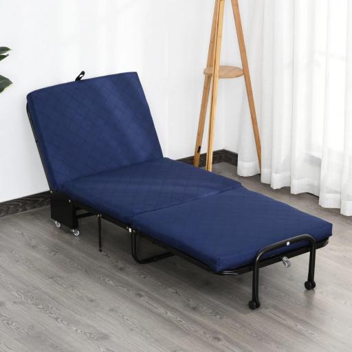 Cama Plegable 184x65 cm con Colchón Cama Abatible con Cabecera Ajustable en 5 Niveles Ruedas Universales y Estructura de Metal Carga Máx. 120 kg Azul