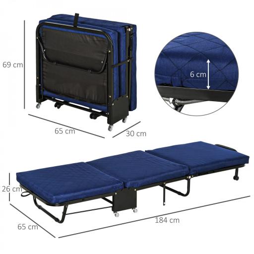 Cama Plegable 184x65 cm con Colchón Cama Abatible con Cabecera Ajustable en 5 Niveles Ruedas Universales y Estructura de Metal Carga Máx. 120 kg Azul [1]