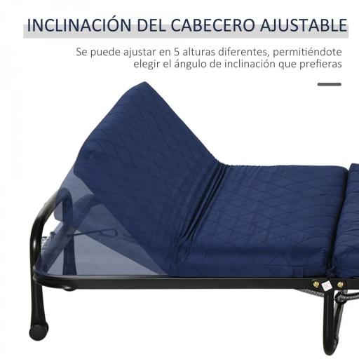 Cama Plegable 184x65 cm con Colchón Cama Abatible con Cabecera Ajustable en 5 Niveles Ruedas Universales y Estructura de Metal Carga Máx. 120 kg Azul [3]
