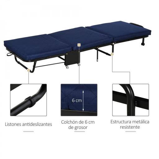 Cama Plegable 184x65 cm con Colchón Cama Abatible con Cabecera Ajustable en 5 Niveles Ruedas Universales y Estructura de Metal Carga Máx. 120 kg Azul [4]