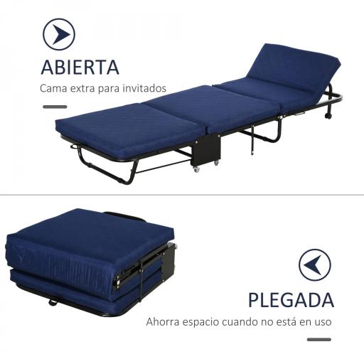 Cama Plegable 184x65 cm con Colchón Cama Abatible con Cabecera Ajustable en 5 Niveles Ruedas Universales y Estructura de Metal Carga Máx. 120 kg Azul [5]