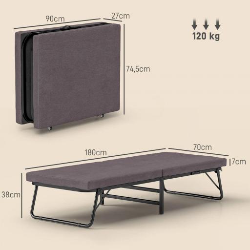 Cama Plegatín Plegable 70x180 cm con Colchón de Espuma Respaldo Ajustable en 5 Posiciones y Ruedas Carga 120 kg Marrón [1]
