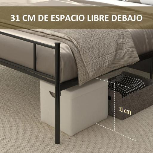 Marco de Cama Doble de Metal para Colchón 150x200 cm con Cabecera y Patas de 31 cm Estructura de Cama Matrimonio con Espacio Bajo de Almacenamiento 158x211x106 cm Negro [3]