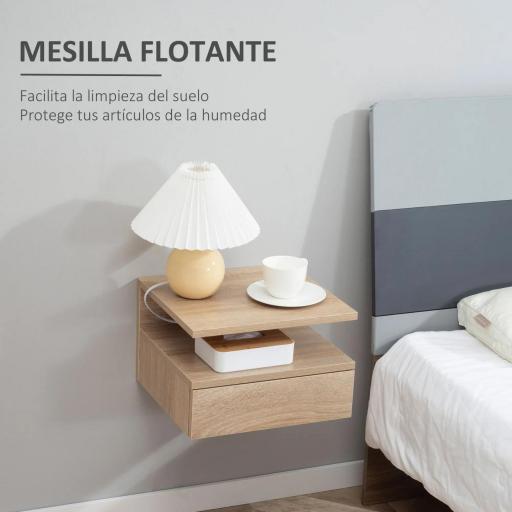Set de 2 Mesitas de Noche Flotantes con 1 Cajón y Estante Abierto Diseño Moderno Montado en la Pared 35x32x22,5 cm Roble [2]