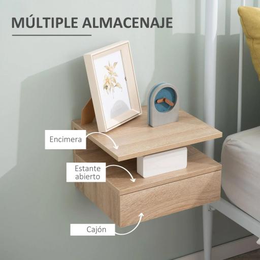 Set de 2 Mesitas de Noche Flotantes con 1 Cajón y Estante Abierto Diseño Moderno Montado en la Pared 35x32x22,5 cm Roble [3]