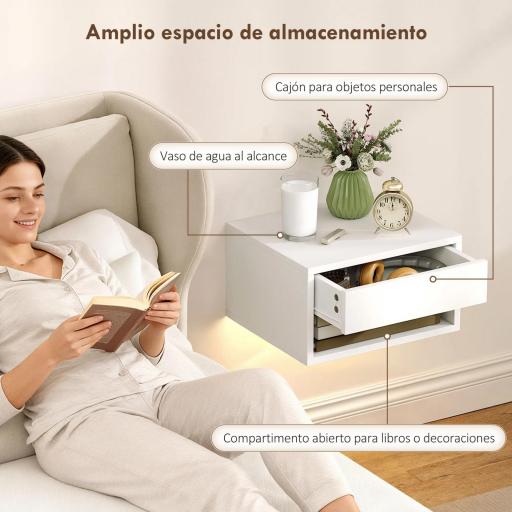 Juego de 2 Mesitas de Noche Flotantes con Luces LED RGB Control de APP Cajón Estante Abierto 37x32x21 cm Blanco [4]