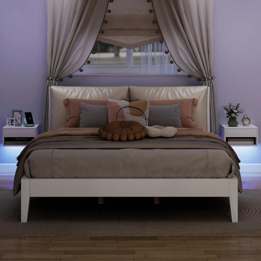 Juego de 2 Mesitas de Noche Flotantes con Luces LED RGB Control de APP Cajón Estante Abierto 37x32x21 cm Blanco [3]