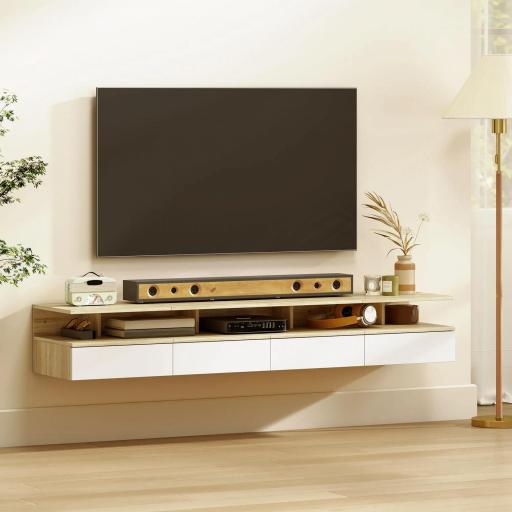 Set de 2 Mesitas de Noche Flotantes con 1 Cajón y Estante Abierto Diseño Moderno Montado en la Pared 35x32x22,5 cm Roble [6]