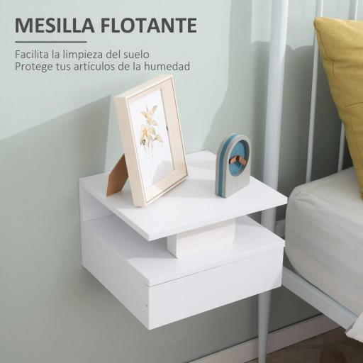Juego de 2 Mesitas de Noche Flotantes, Mesillas de Noche Dormitorio con Cajón, Estante Abierto, para Sala de Estar, 35x32x22,5 cm, Blanco [3]