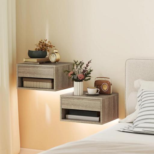 Juego de 2 Mesitas de Noche Flotantes con Luces LED RGB Control de APP Cajón Estante Abierto Natural [0]