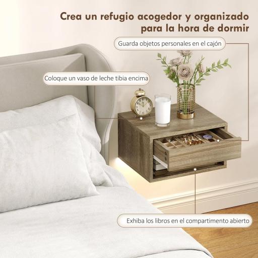 Juego de 2 Mesitas de Noche Flotantes con Luces LED RGB Control de APP Cajón Estante Abierto Natural [4]