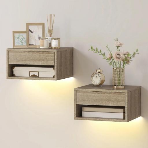 Juego de 2 Mesitas de Noche Flotantes con Luces LED RGB Control de APP Cajón Estante Abierto Natural [8]