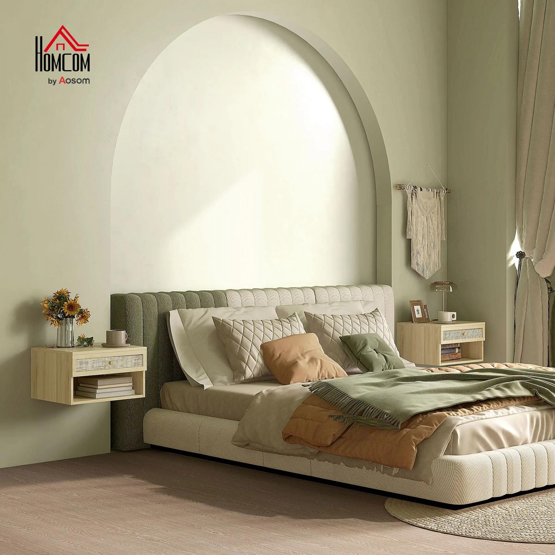 Juego de 2 Mesitas de Noche Colgantes con Compartimento Abierto y Cajón con Frontal de Ratán 40x34x23 cm Natural