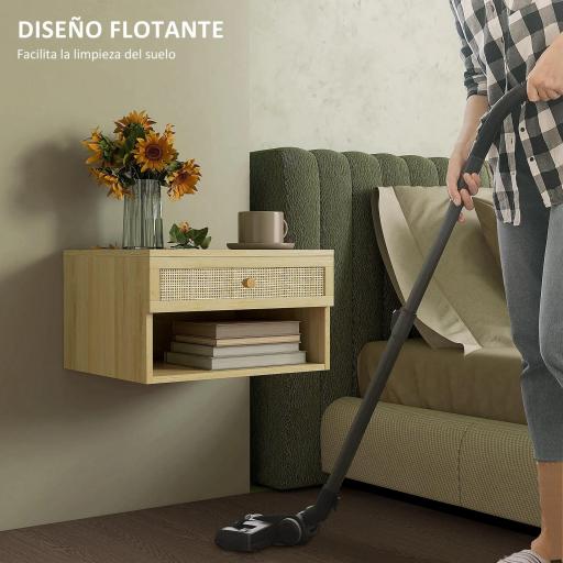 Juego de 2 Mesitas de Noche Colgantes con Compartimento Abierto y Cajón con Frontal de Ratán 40x34x23 cm Natural [7]