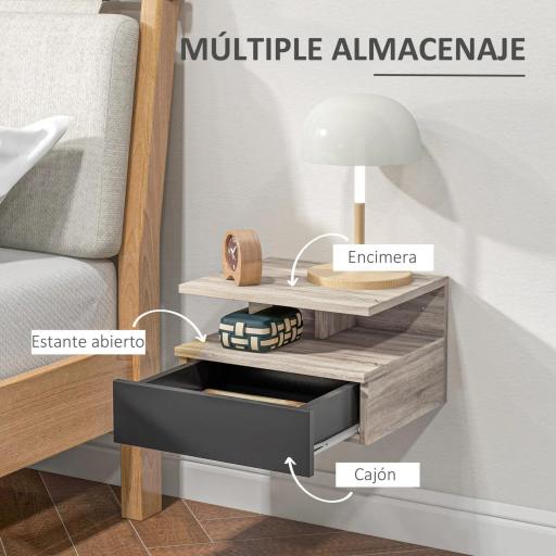 Juego de 2 Mesitas de Noche Flotantes, Mesillas de Noche Dormitorio con Cajón, Estante Abierto, para Sala de Estar, 35x32x22,5 cm, Roble y Negro [3]