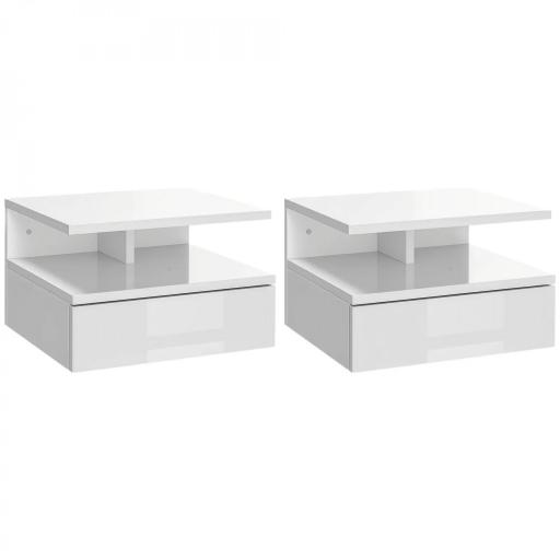 Juego de 2 Mesitas de Noche Colgantes con 1 Cajón y Estante Abierto para Dormitorio 35x32x22,5 cm Blanco [7]