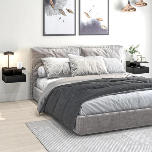 Juego de 2 Mesitas de Noche Flotantes, Mesillas de Noche Dormitorio con Cajón, Estante Abierto, para Sala de Estar, 35x32x22,5 cm, Negro