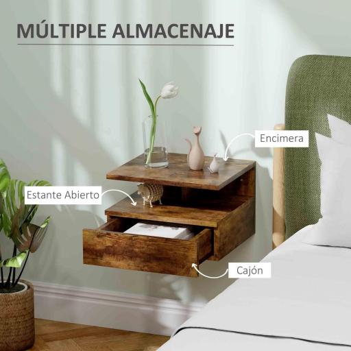  2 Mesitas de Noche Flotantes con 1 Cajón y Estante Abierto Diseño Moderno 35x32x22,5 cm Marrón Rústico [7]