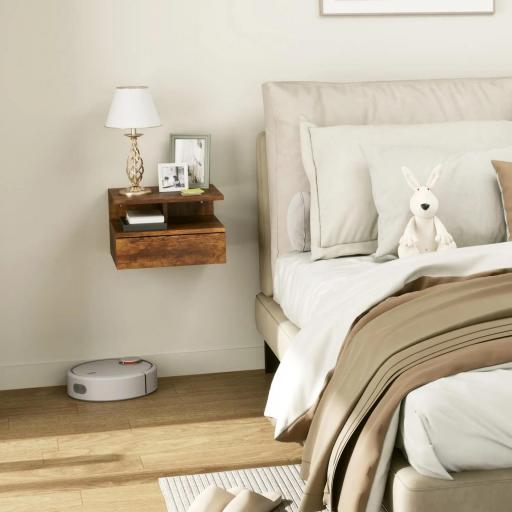  2 Mesitas de Noche Flotantes con 1 Cajón y Estante Abierto Diseño Moderno 35x32x22,5 cm Marrón Rústico [4]