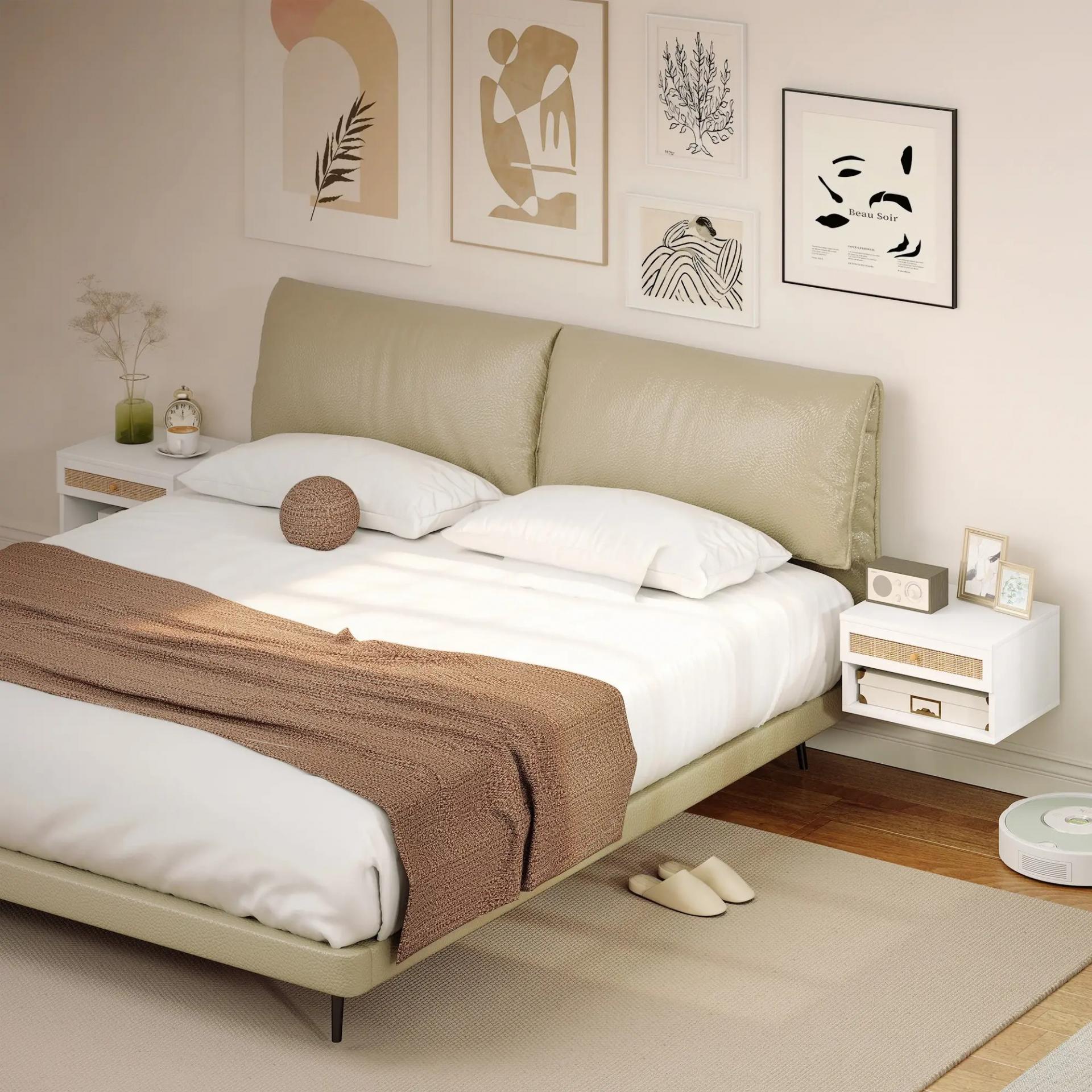 Juego de Mesitas de Noche Flotantes con Cajón de Ratán y Estante Abierto para Dormitorio 40x34x23cm Blanco