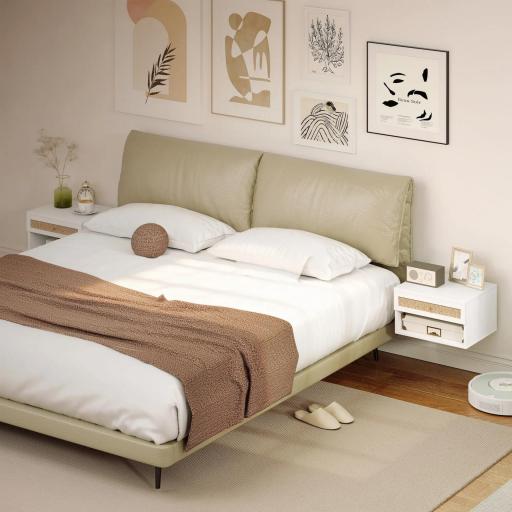 Juego de Mesitas de Noche Flotantes con Cajón de Ratán y Estante Abierto para Dormitorio 40x34x23cm Blanco