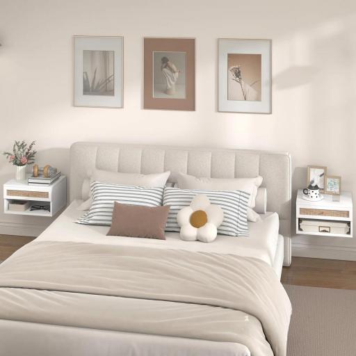 Juego de Mesitas de Noche Flotantes con Cajón de Ratán y Estante Abierto para Dormitorio 40x34x23cm Blanco [5]