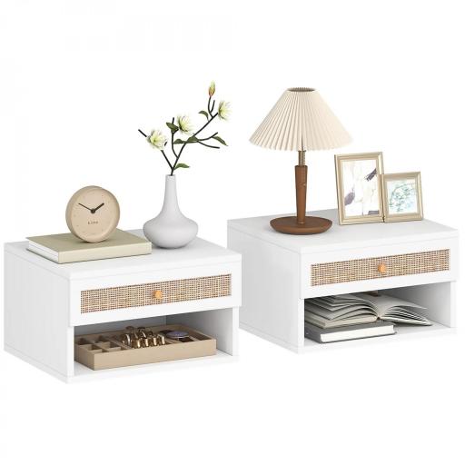 Juego de Mesitas de Noche Flotantes con Cajón de Ratán y Estante Abierto para Dormitorio 40x34x23cm Blanco [10]