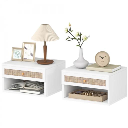 Juego de Mesitas de Noche Flotantes con Cajón de Ratán y Estante Abierto para Dormitorio 40x34x23cm Blanco [9]
