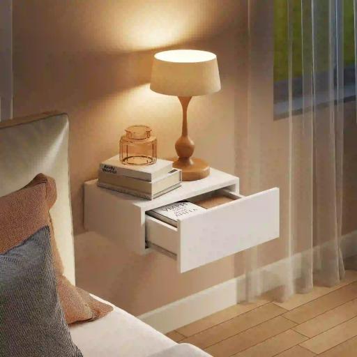 Juego de 2 Mesitas de Noche Flotantes con 1 Cajón Montado en la Pared Estilo Moderno para Dormitorio 40x30x15 cm Blanco [6]