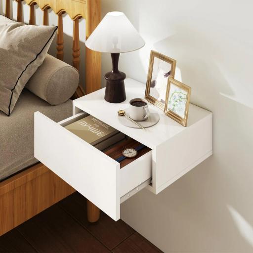 Juego de 2 Mesitas de Noche Flotantes con 1 Cajón Montado en la Pared Estilo Moderno para Dormitorio 40x30x15 cm Blanco [7]