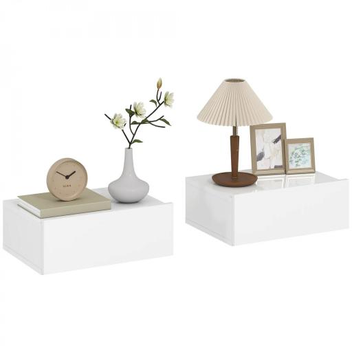 Juego de 2 Mesitas de Noche Flotantes con 1 Cajón Montado en la Pared Estilo Moderno para Dormitorio 40x30x15 cm Blanco [9]