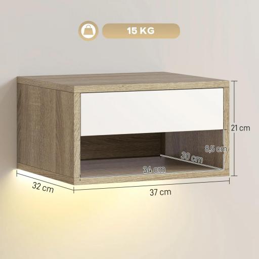 Juego de 2 Mesitas de Noche Flotantes con Luces LED RGB Control de APP Cajón Estante Abierto Natural y Blanco [1]