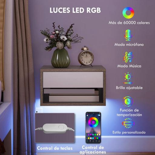 Juego de 2 Mesitas de Noche Flotantes con Luces LED RGB Control de APP Cajón Estante Abierto Natural y Blanco [2]