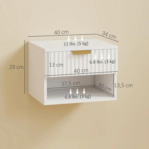 Juego de 2 Mesitas de Noche Flotantes con Cajón con Frente Acanalado y Estante Abierto 40x34x29 cm Blanco [1]