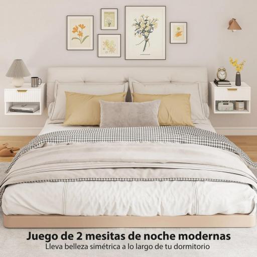 Juego de 2 Mesitas de Noche Flotantes con Cajón con Frente Acanalado y Estante Abierto 40x34x29 cm Blanco [5]