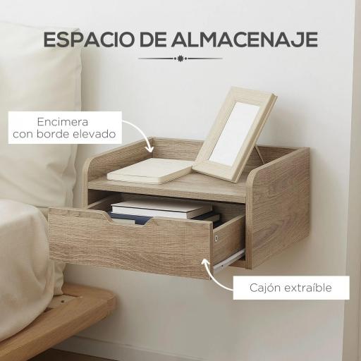 Set de 2 Mesitas de Noche de Pared Mesillas Flotantes con 1 Cajón para Dormitorio Habitación 40x30x19,5 cm Natural [2]