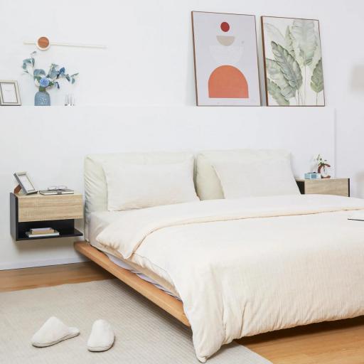 Juego de 2 Mesitas de Noche Flotantes Mesitas de Noche Colgantes con 1 Cajón y Estante Abierto 46x30x30cm Roble y Negro