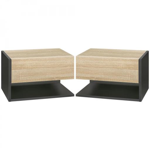 Juego de 2 Mesitas de Noche Flotantes Mesitas de Noche Colgantes con 1 Cajón y Estante Abierto 46x30x30cm Roble y Negro [2]